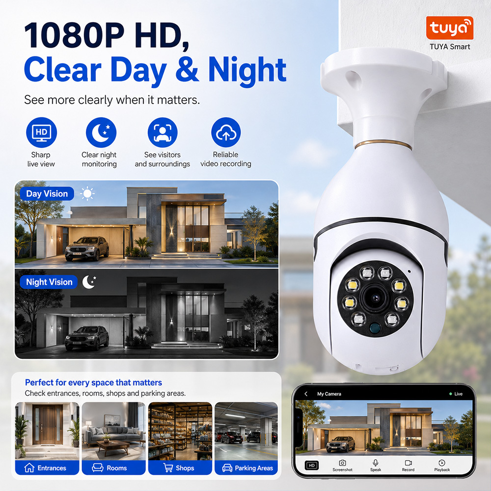 Home Security Camera Xiaomi - Tuya Kablosuz Ampul Kamera 2MP HD